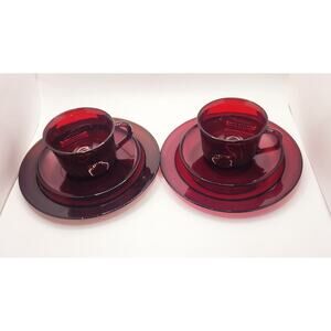 Arcoroc France Ruby Red Glass Cup Saucer Plate Sets (2) Vintage 6 Pieces
